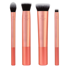 Load image into Gallery viewer, Real Techniques Face Base 4-Piece Brush Set, showcasing copper-handled brushes (RT 258, RT 256, RT 242) for applying, blending, and detailing foundation and concealer for a flawless complexion.
