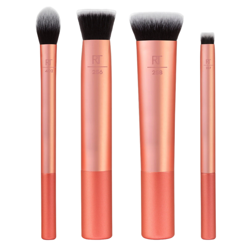 Real Techniques Face Base 4-Piece Brush Set, showcasing copper-handled brushes (RT 258, RT 256, RT 242) for applying, blending, and detailing foundation and concealer for a flawless complexion.
