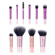 Load image into Gallery viewer, A set of ten Real Techniques eye and face brushes, including the RT 210 concealer, RT 407 multipurpose, RT 206 contour, and various eye tools for a complete travel makeup kit.
