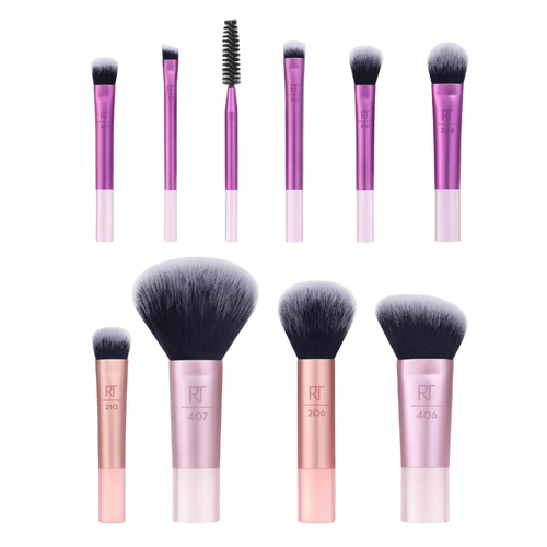 A set of ten Real Techniques eye and face brushes, including the RT 210 concealer, RT 407 multipurpose, RT 206 contour, and various eye tools for a complete travel makeup kit.