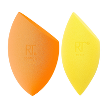 Load image into Gallery viewer, The Real Techniques Miracle Complexion Sponge (orange) and the Miracle Concealer Sponge (yellow) shown together, highlighting the latex-free foam duo for flawless foundation and targeted concealing.
