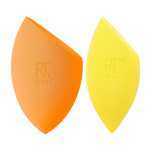 The Real Techniques Miracle Complexion Sponge (orange) and the Miracle Concealer Sponge (yellow) shown together, highlighting the latex-free foam duo for flawless foundation and targeted concealing.