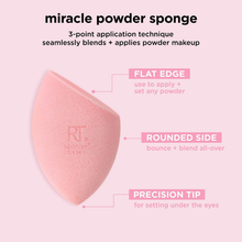Load image into Gallery viewer, Instructional graphic showing 3-point application of the Real Techniques Miracle Powder Sponge
