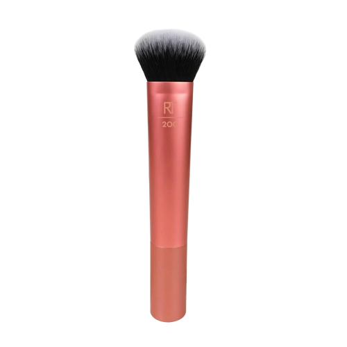 Real Techniques RT 200 Expert Face Brush with copper handle, featuring dense, firm bristles for blending and buffing liquid foundation and cream blush to a smooth finish.