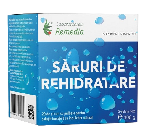 Box of Laboratoarele Remedia Oral Rehydration Salts, a food supplement containing 20 sachets of powder with natural sweetener for making a drinking solution.