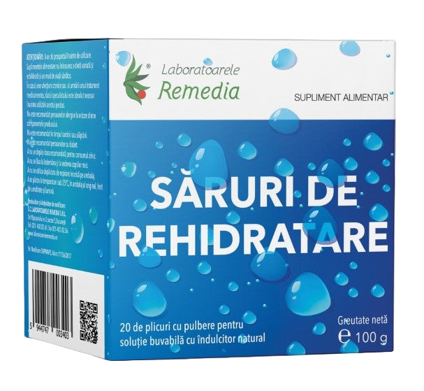 Box of Laboratoarele Remedia Oral Rehydration Salts, a food supplement containing 20 sachets of powder with natural sweetener for making a drinking solution.