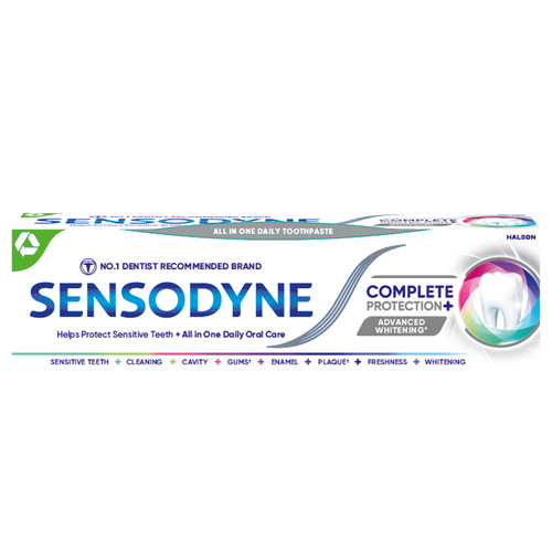 Sensodyne Complete Protection Advanced Whitening toothpaste helps remove stains, protects sensitive teeth, strengthens enamel, and freshens breath.