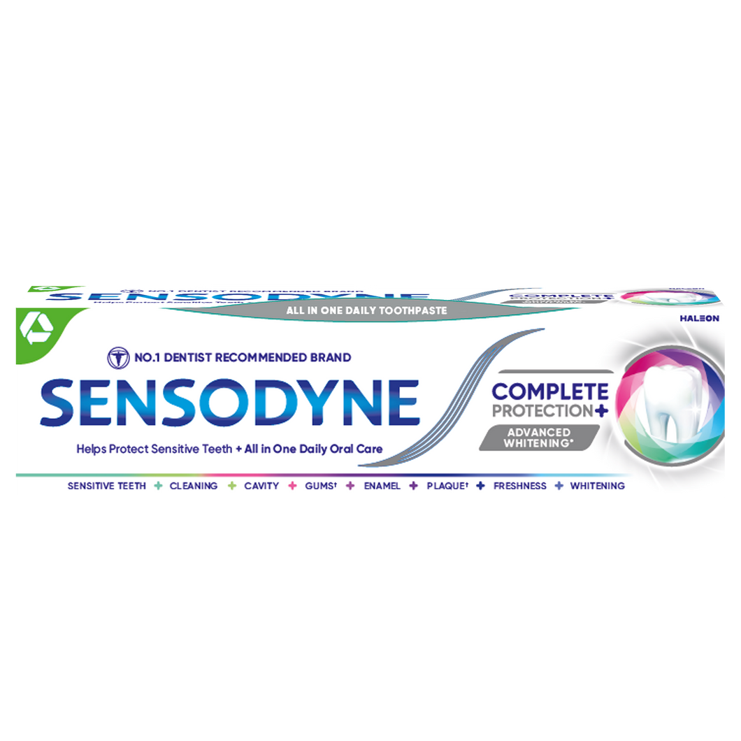 Sensodyne Complete Protection Advanced Whitening toothpaste helps remove stains, protects sensitive teeth, strengthens enamel, and freshens breath.