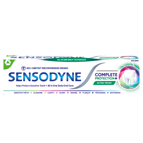 Sensodyne Complete Protection Extra Fresh toothpaste provides sensitivity relief, strengthens enamel, freshens breath, removes plaque, and whitens teeth.