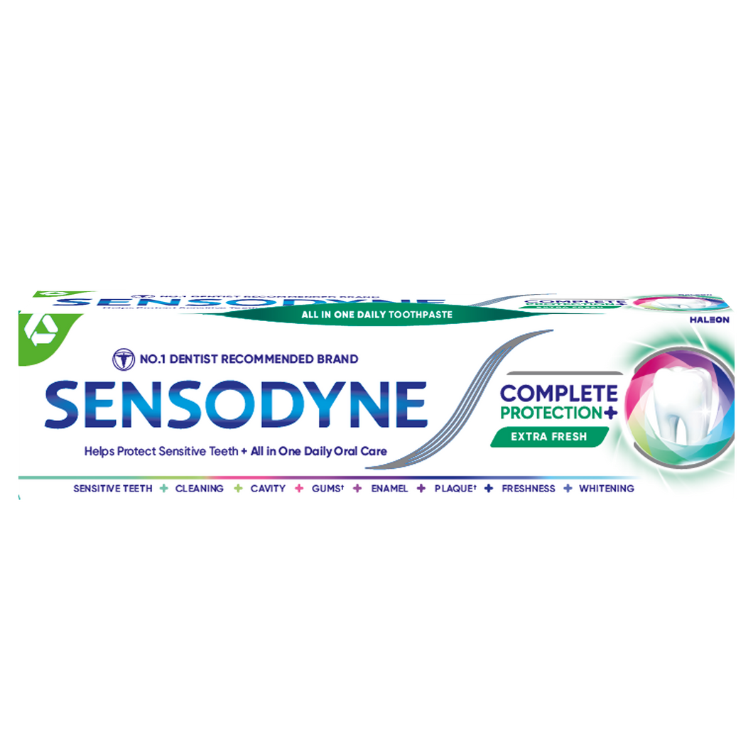 Sensodyne Complete Protection Extra Fresh toothpaste provides sensitivity relief, strengthens enamel, freshens breath, removes plaque, and whitens teeth.