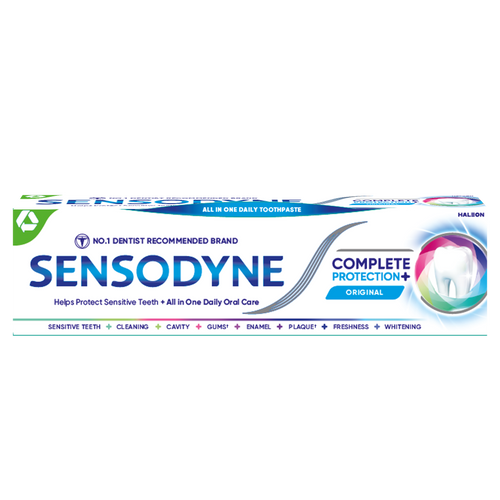 Sensodyne Complete Protection toothpaste helps protect sensitive teeth, strengthens enamel, fights plaque, freshens breath, and provides cavity protection.