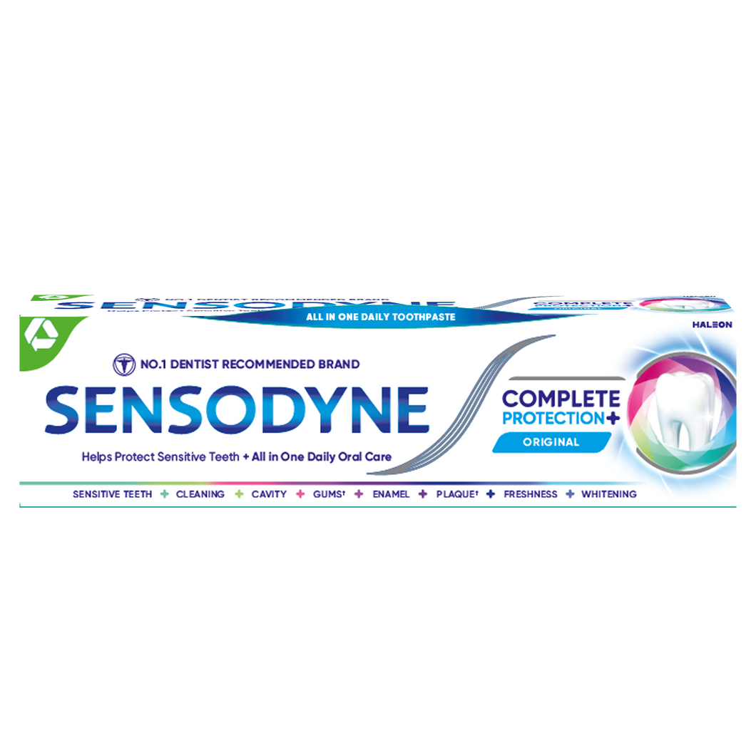 Sensodyne Complete Protection toothpaste helps protect sensitive teeth, strengthens enamel, fights plaque, freshens breath, and provides cavity protection.