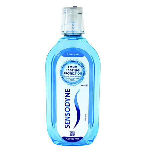 Sensodyne Cool Mint Mouthwash provides daily protection for sensitive teeth, strengthens enamel, freshens breath, and is alcohol-free.