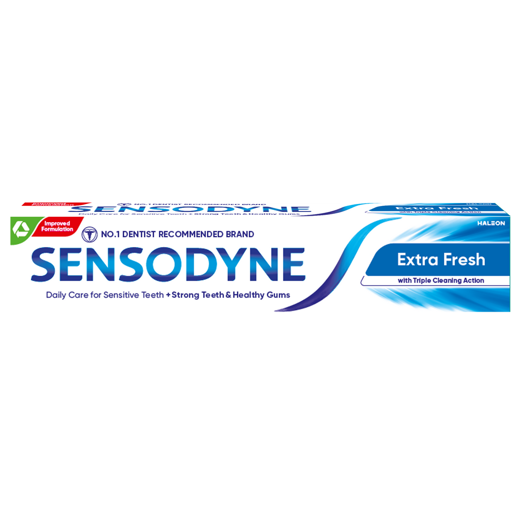 Sensodyne Daily Care Extra Fresh toothpaste provides daily sensitivity protection, freshens breath, and delivers long-lasting enamel care.