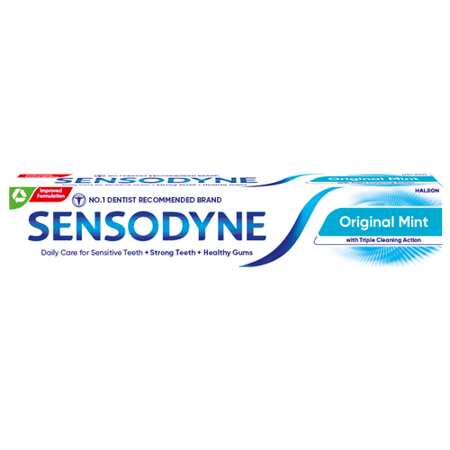 Sensodyne Daily Care Original Mint toothpaste provides long-lasting sensitivity protection, strengthens enamel, and freshens breath with a mint flavor.