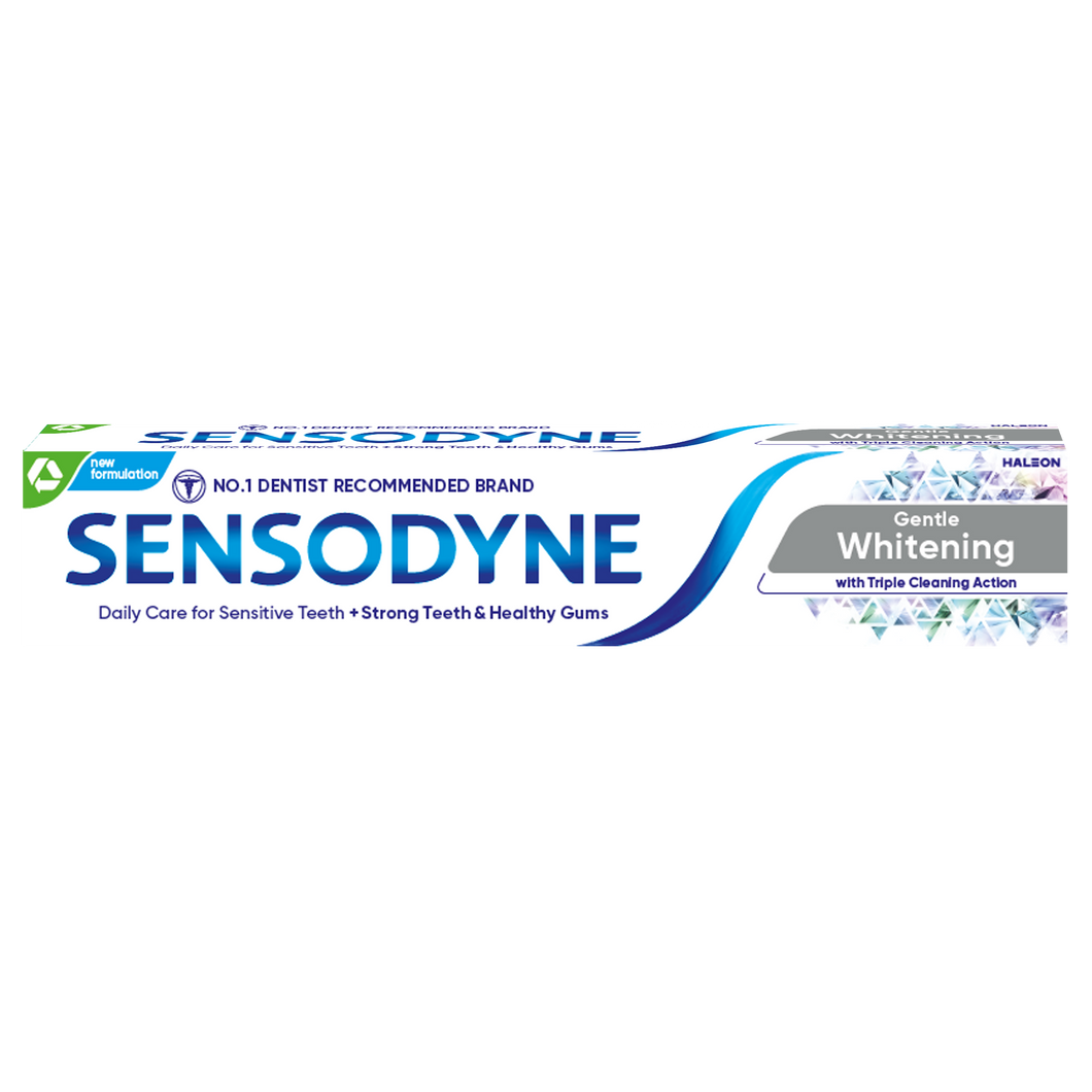 Sensodyne Gentle Whitening toothpaste gently removes stains, restores natural whiteness, promotes healthy gums, and protects against sensitivity.