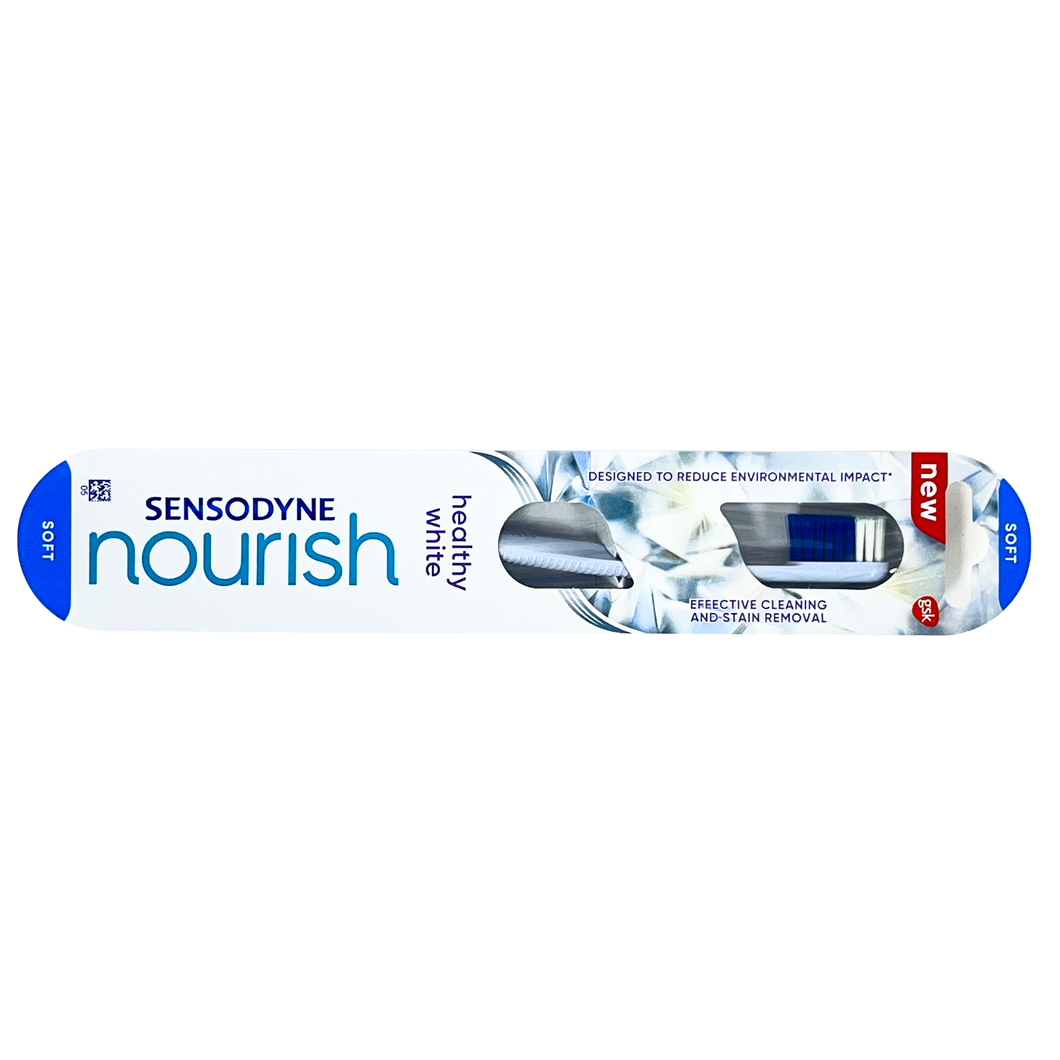 Sensodyne Nourish Healthy Clean Toothbrush with soft bristles for gentle cleaning, stain removal, and a sustainable handle.