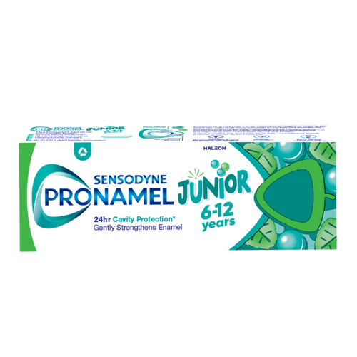 Sensodyne Pronamel Junior 6-12 years toothpaste, Bubble Mint flavor, providing 24-hour cavity protection and gently strengthening precious enamel for growing children, in recyclable packaging.
