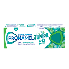 Load image into Gallery viewer, Sensodyne Pronamel Junior toothpaste box, offering 24hr Cavity Protection and gentle enamel strengthening for children aged 6 to 12 years.
