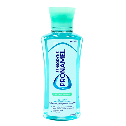 Sensodyne Pronamel mouthwash helps re-harden enamel, protects against acid erosion, fights cavities, and freshens breath with an alcohol-free formula.