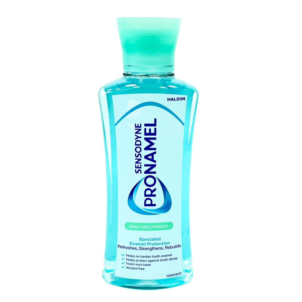 Sensodyne Pronamel mouthwash helps re-harden enamel, protects against acid erosion, fights cavities, and freshens breath with an alcohol-free formula.