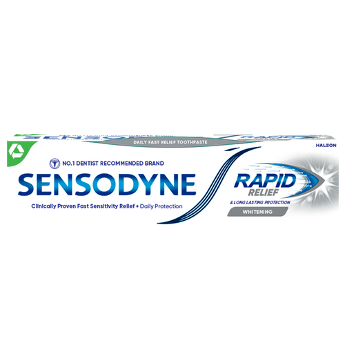 Sensodyne Rapid Relief toothpaste offers fast relief for sensitivity pain, prevents enamel staining, and provides long-term protection with fluoride.