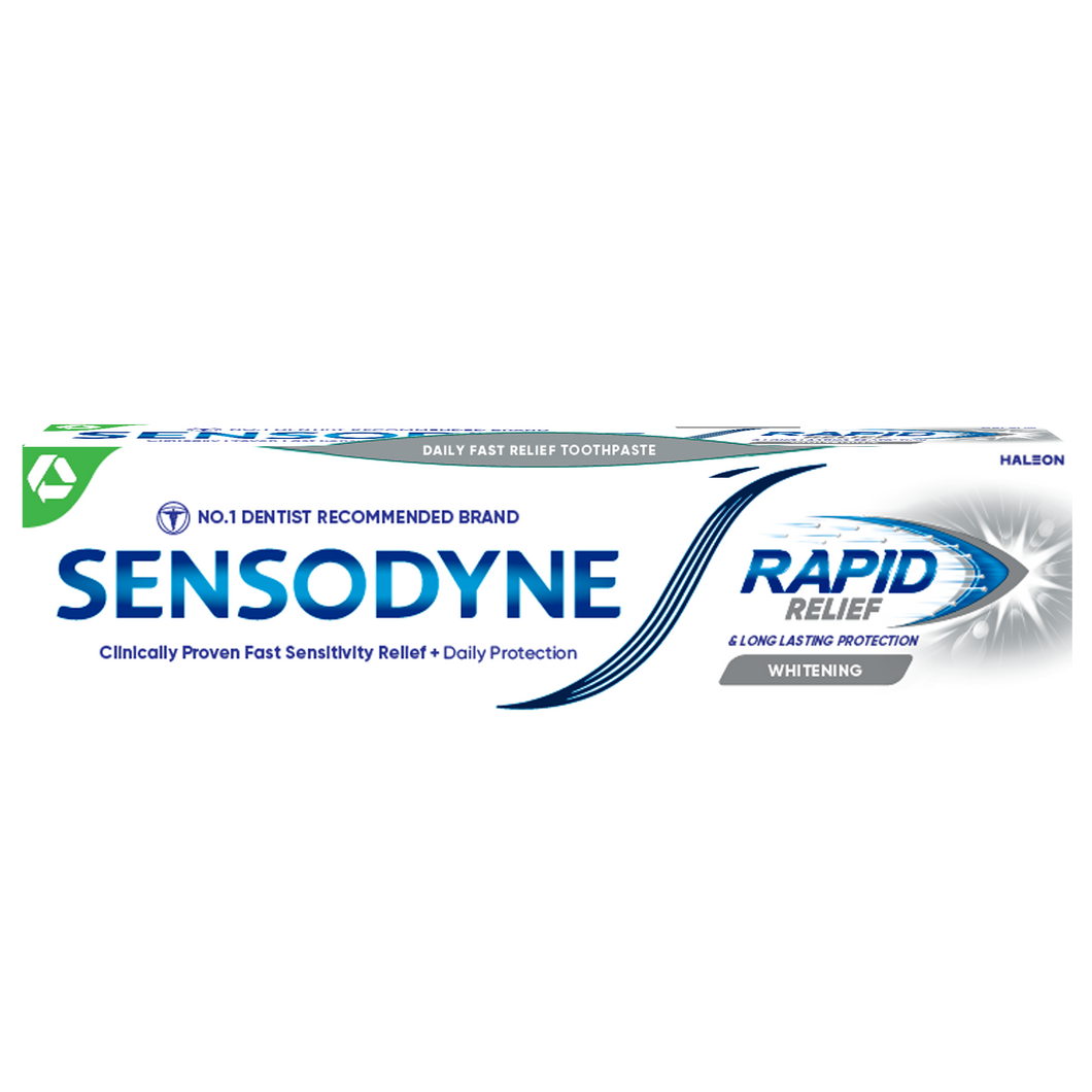 Sensodyne Rapid Relief toothpaste offers fast relief for sensitivity pain, prevents enamel staining, and provides long-term protection with fluoride.