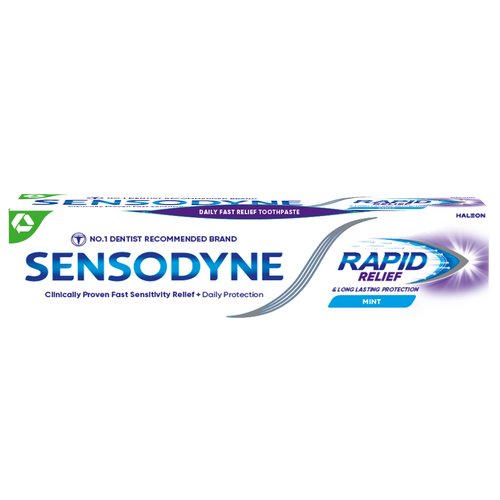 Sensodyne Rapid Relief Whitening toothpaste provides fast relief for sensitive teeth, helps whiten teeth, removes stains, and freshens breath.