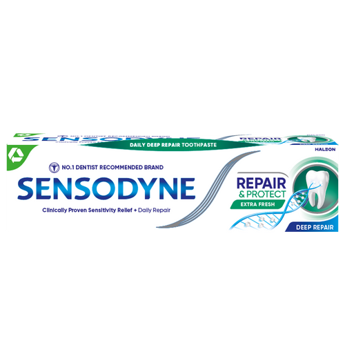 Sensodyne Repair & Protect Extra Fresh toothpaste repairs sensitive areas, provides deep cleaning, freshens breath, and offers lasting sensitivity relief.