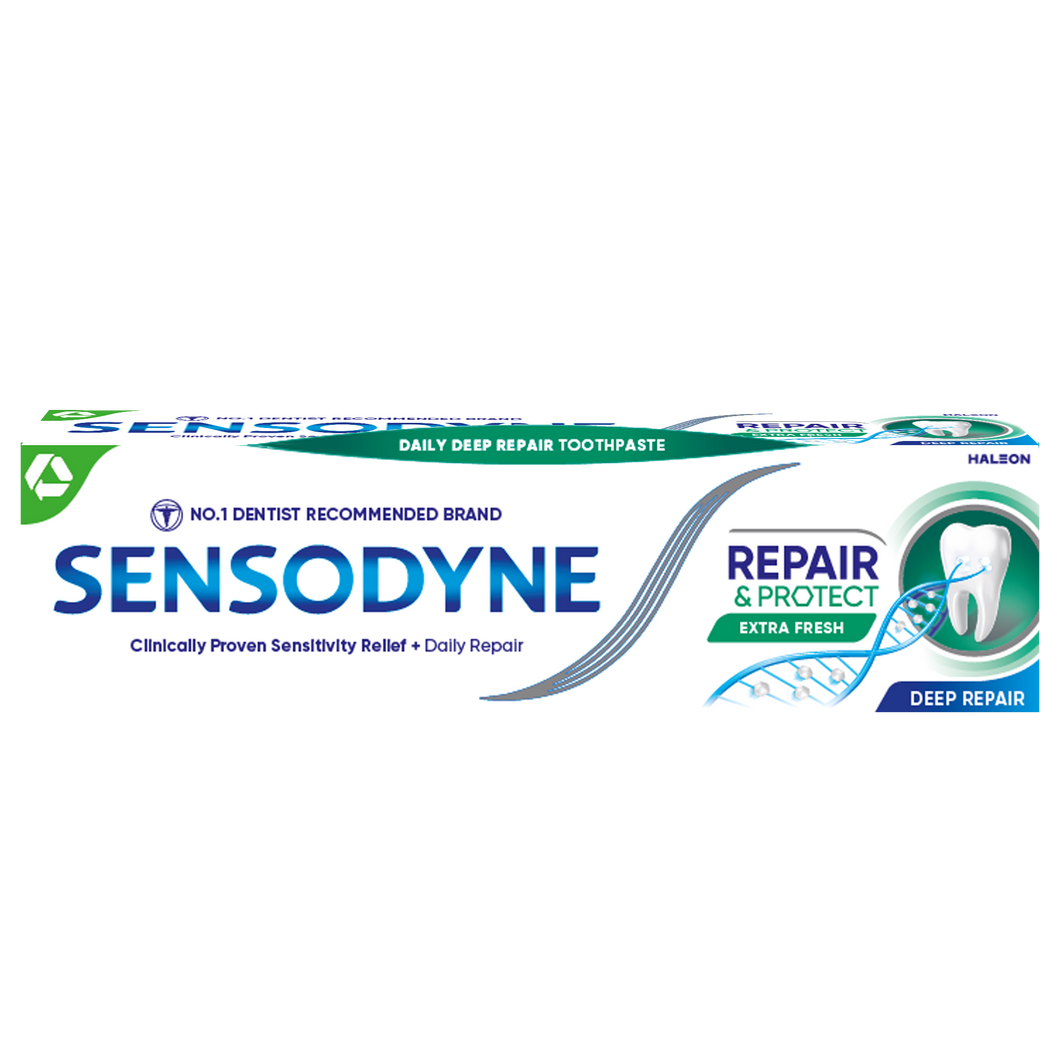 Sensodyne Repair & Protect Extra Fresh toothpaste repairs sensitive areas, provides deep cleaning, freshens breath, and offers lasting sensitivity relief.