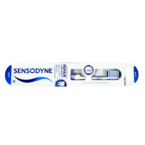 Sensodyne Repair & Protect toothbrush is designed for sensitive teeth, featuring soft, flexible bristles to prevent overbrushing and gum damage.