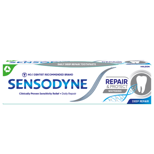 Sensodyne Repair & Protect Whitening toothpaste repairs deep inside teeth, provides long-lasting sensitivity relief, and helps maintain natural whiteness.