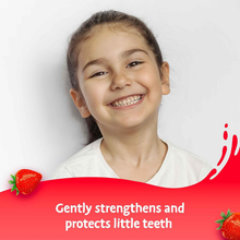 Load image into Gallery viewer, Close-up portrait of a smiling young girl showing off healthy white teeth with text about protecting little teeth.
