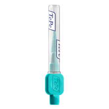 Load image into Gallery viewer, A turquoise TePe EasyFit interdental brush with its clear protective travel cap featuring the TePe logo.
