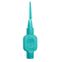 Load image into Gallery viewer, A turquoise TePe EasyFit interdental brush featuring a tapered bristle head and ergonomic handle for precise plaque removal.
