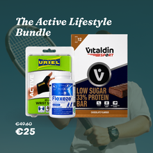 Load image into Gallery viewer, Wellness gift bundle with Flexeze joint support capsules, Uriel wrist support, and Vitaldin Sport Protein Energy Bars arranged in a ready-to-gift presentation box for active lifestyles.
