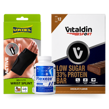 Load image into Gallery viewer, The Active Lifestyle Bundle featuring a Uriel wrist splint, Flexeze joint health supplement, and a 12-pack box of Vitaldin Sport low sugar protein bars.
