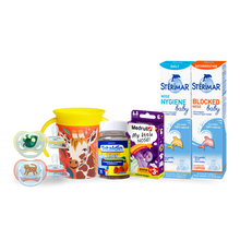 Load image into Gallery viewer, The Baby Essentials Bundle containing Philips Avent pacifiers, a giraffe trainer cup, Vitaldin Kids multivitamins, Medrull aroma patches, and Stérimar baby nasal sprays.
