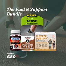 Load image into Gallery viewer, Health and fitness gift bundle featuring Flexeze Fortify supplements, a Uriel ankle support bandage, natural peanut butter, and Vitaldin Sport energy gummies arranged in a ready-to-gift presentation box.
