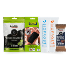 Load image into Gallery viewer, The Gym Lovers Bundle featuring Vitaldin Sport power gummies, Uriel wrist splint, Biofrost pain relief gels, and a Vitaldin protein bar.
