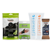 Load image into Gallery viewer, The Gym Lovers Bundle featuring Vitaldin Sport Power Gummies, a Uriel Wrist Support, Biofrost Cold Therapy and Heat Gels, and a Vitaldin Low Sugar Protein Bar.
