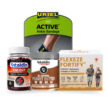 Load image into Gallery viewer, Health and fitness gift bundle featuring Flexeze Fortify supplements, a Uriel ankle support bandage, natural peanut butter, and Vitaldin Sport energy gummies arranged in a ready-to-gift presentation box.
