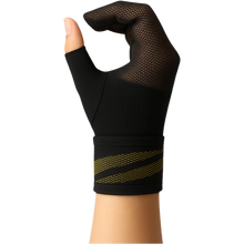 Load image into Gallery viewer, Uriel Carpal Tunnel Night Mitten in black breathable fabric with adjustable wrist support, designed to support the wrist and fingers during sleep.
