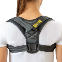 Load image into Gallery viewer, Back view of a woman wearing the Uriel Posture Corrector, showing the adjustable straps, Velcro fastenings and upper back support design.
