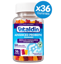 Load image into Gallery viewer, Bottle of 36 Vitaldin Advanced Probiotic sugar-free and vegan gummies featuring Bacillus coagulans, Vitamin B12, and natural orange, lemon, and blueberry flavors.
