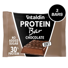Load image into Gallery viewer, Vitaldin chocolate protein bar wrapper featuring a soft texture, 30% protein content, and no added sugar, with an illustration of a 3-bar multi-pack.

