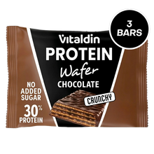 Load image into Gallery viewer, Vitaldin chocolate protein wafer bar packaging featuring 30% protein, no added sugar, and a crunchy wafer illustration on a brown and black background.
