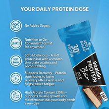 Load image into Gallery viewer, Infographic for Vitaldin Coconut Protein Bar outlining product benefits: no added sugars, soft texture with coconut filling, 30% protein for muscle growth, and supports recovery after exercise.
