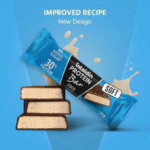 Load image into Gallery viewer, Vitaldin Coconut Protein Bar promotional image featuring an improved recipe and new design. Includes a 35g bar in blue packaging, a stack of soft coconut bar pieces, and a splash effect on a blue background.
