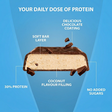 Load image into Gallery viewer, Infographic displaying the cross-section of a Vitaldin coconut protein bar, highlighting the delicious chocolate coating, soft bar layer, and coconut flavor filling, with callouts for 30% protein and no added sugars.

